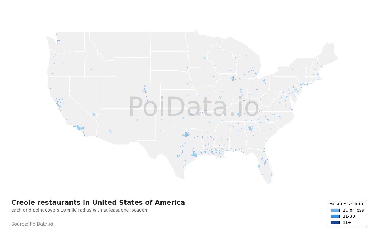 Creole restaurant density map for United States