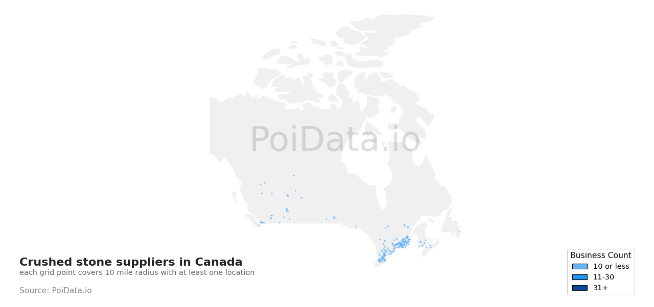 Crushed stone supplier density map for Manitoba, Canada