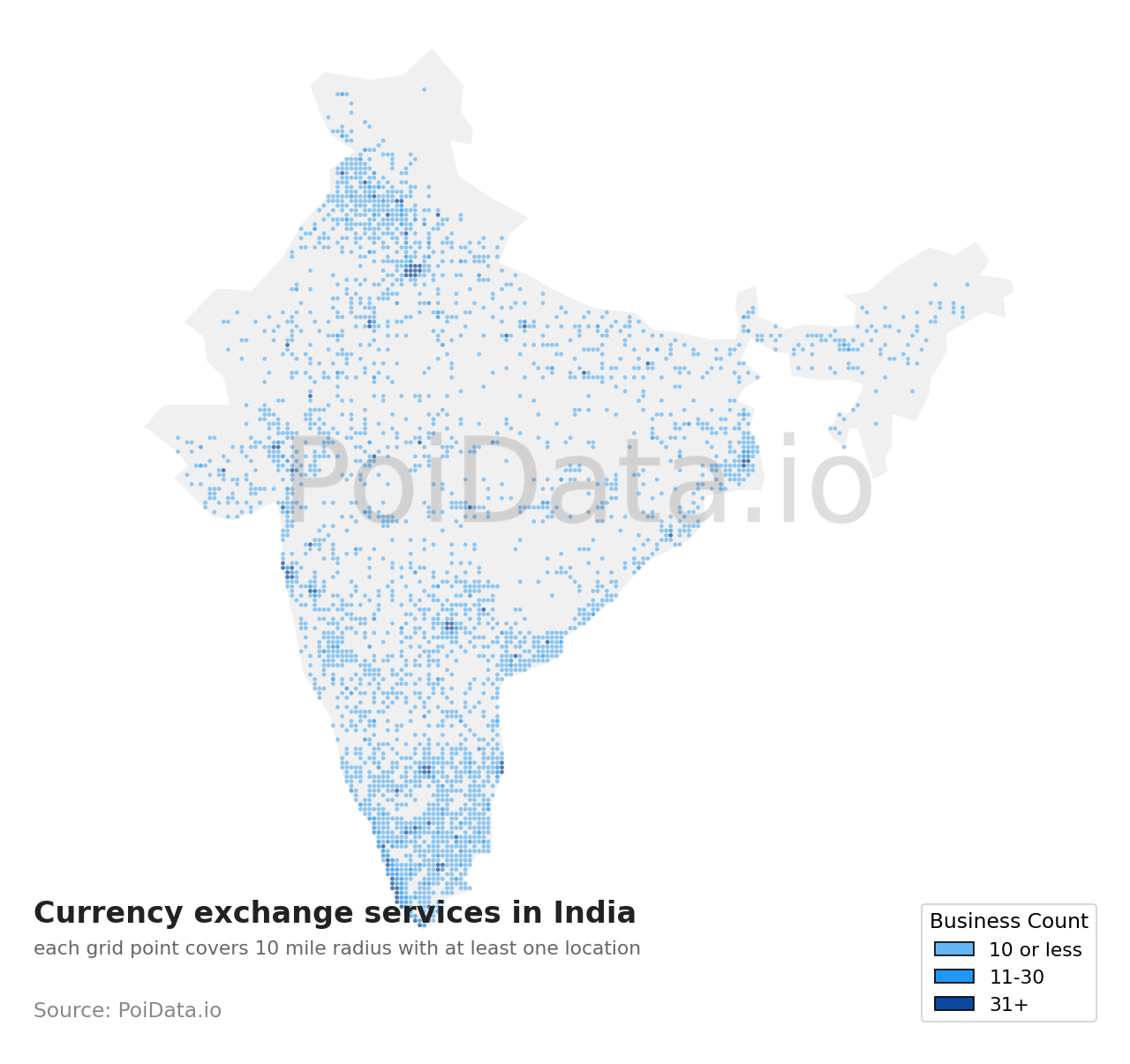 Currency exchange service density map for India