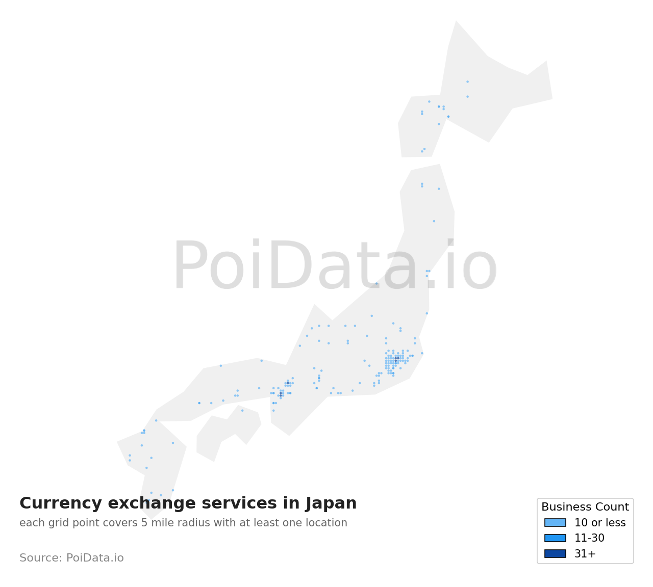 Currency exchange service density map for Japan