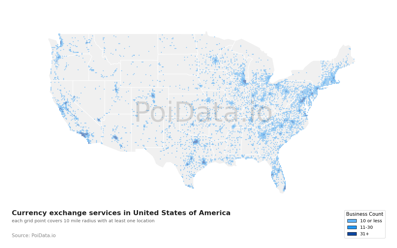 Currency exchange service density map for Florida, United States