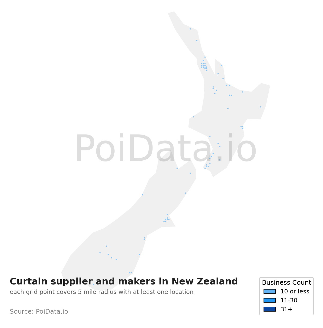 Curtain supplier and maker density map for New Zealand