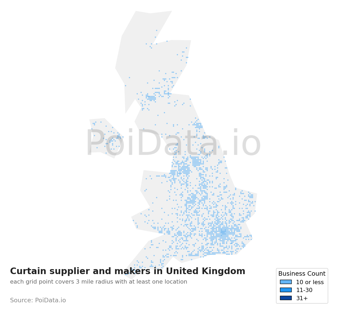 Curtain supplier and maker density map for United Kingdom