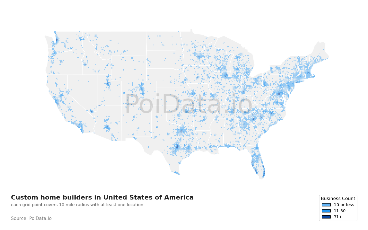 Custom home builder density map for Florida, United States