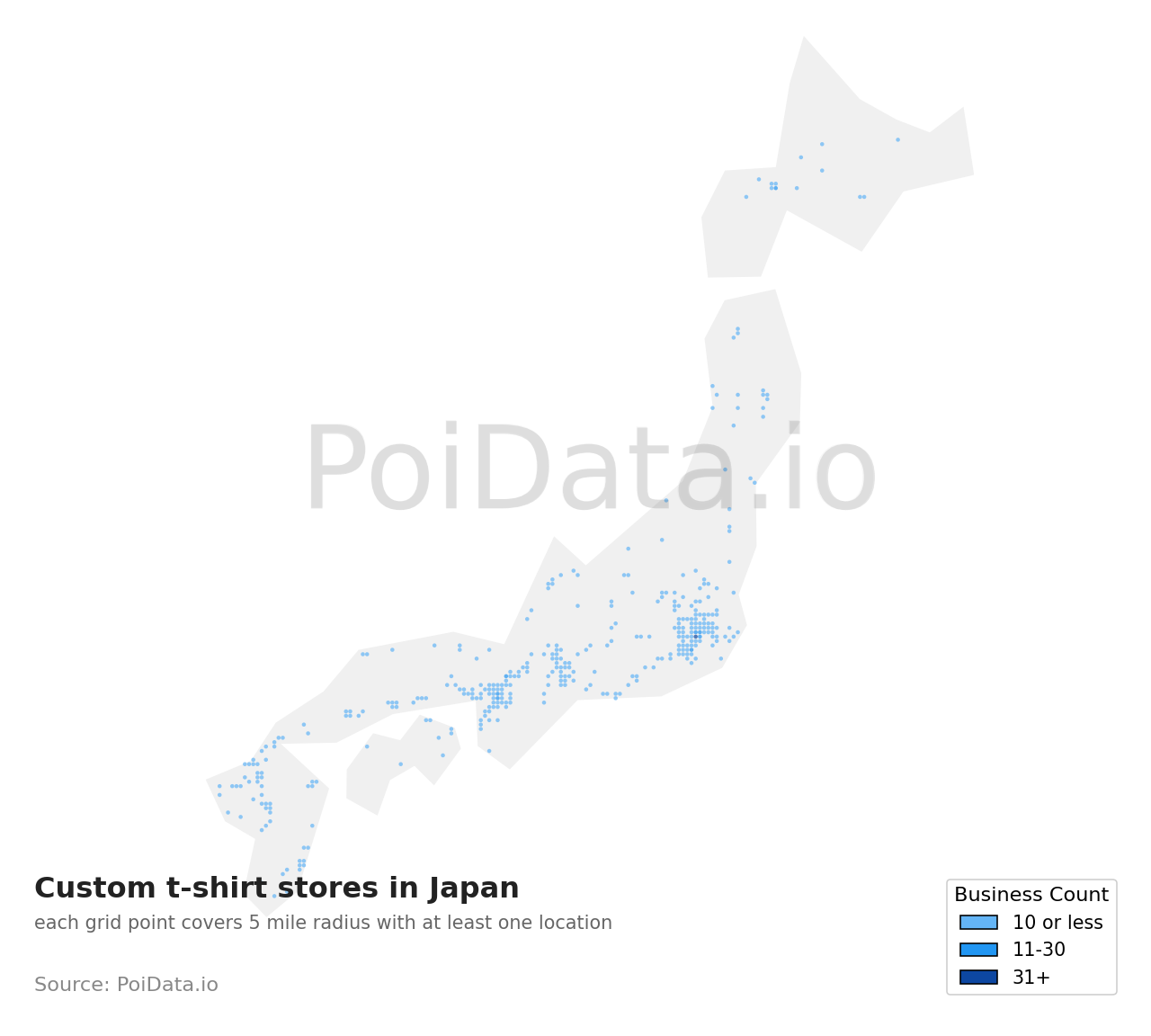 Custom t-shirt store density map for Oshima District, Kagoshima, Japan