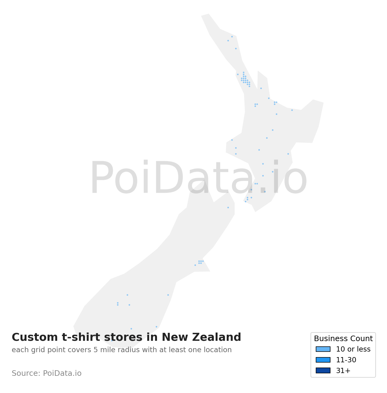 Custom t-shirt store density map for New Zealand