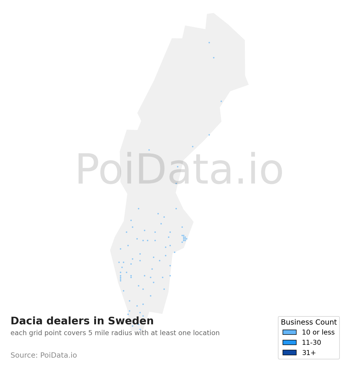 Dacia dealer density map for Sweden