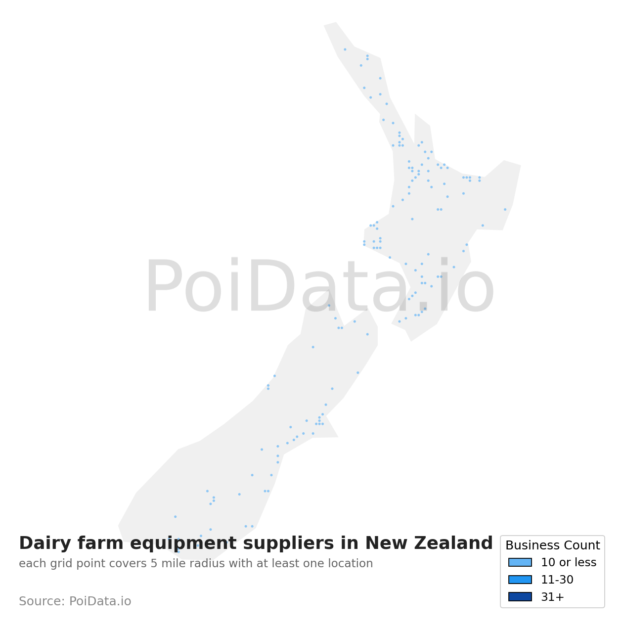 Dairy farm equipment supplier density map for New Zealand