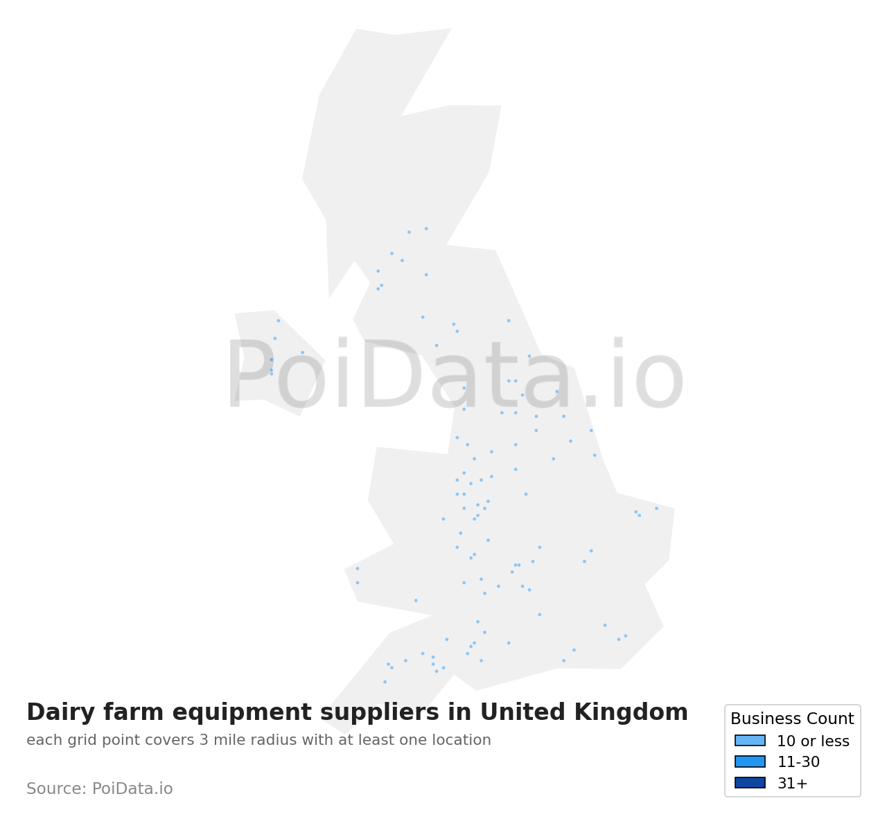 Dairy farm equipment supplier density map for United Kingdom