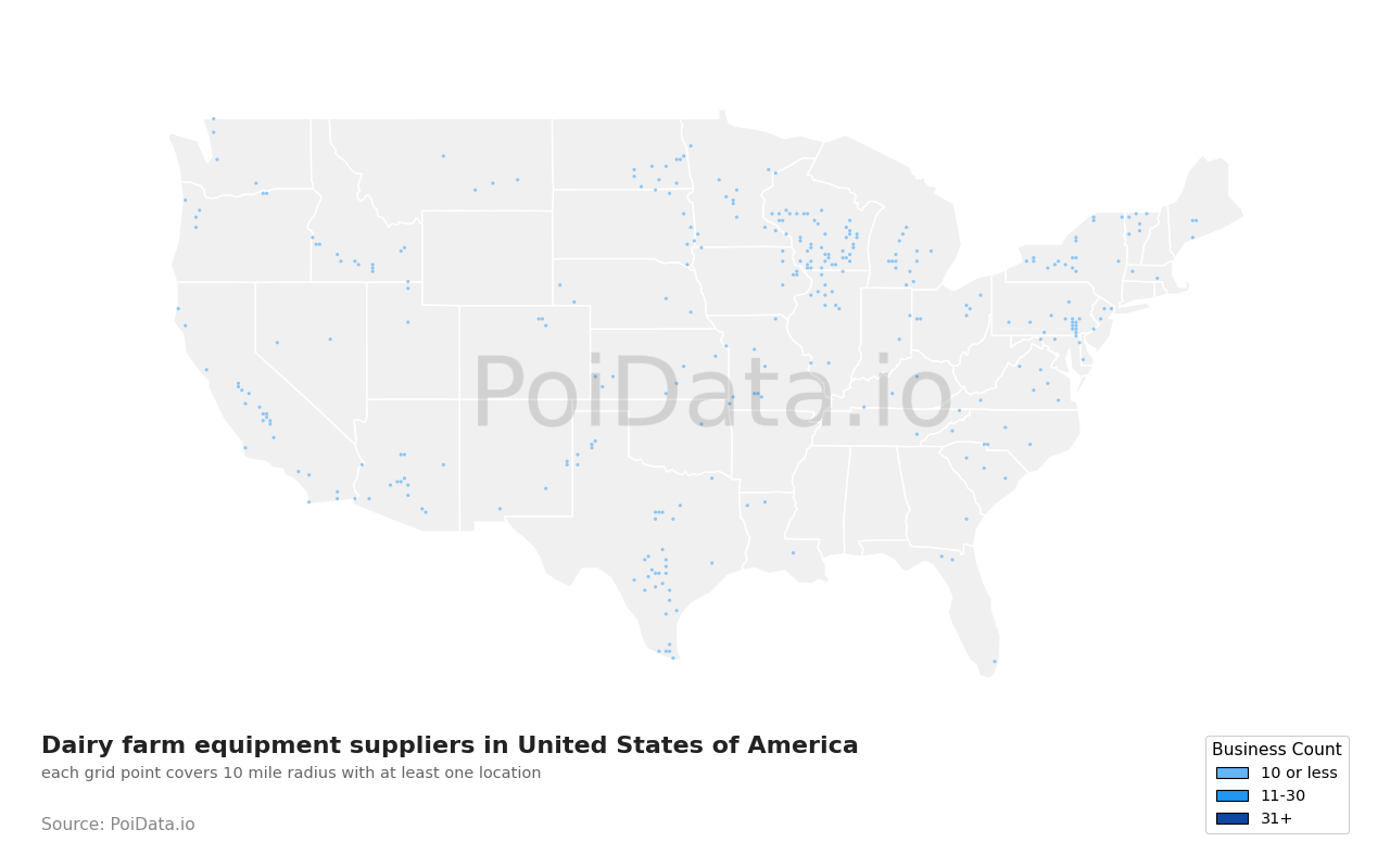 Dairy farm equipment supplier density map for United States