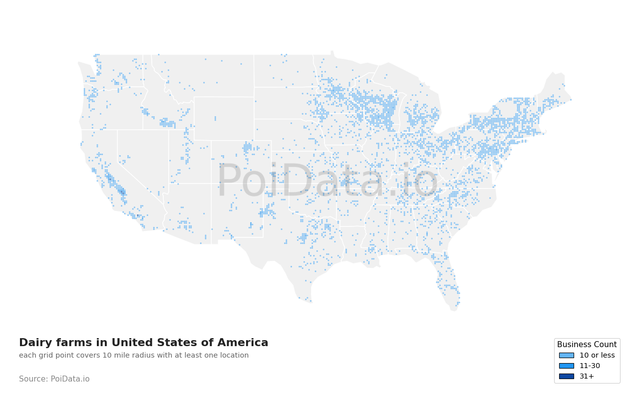 Dairy farm density map for Florida, United States