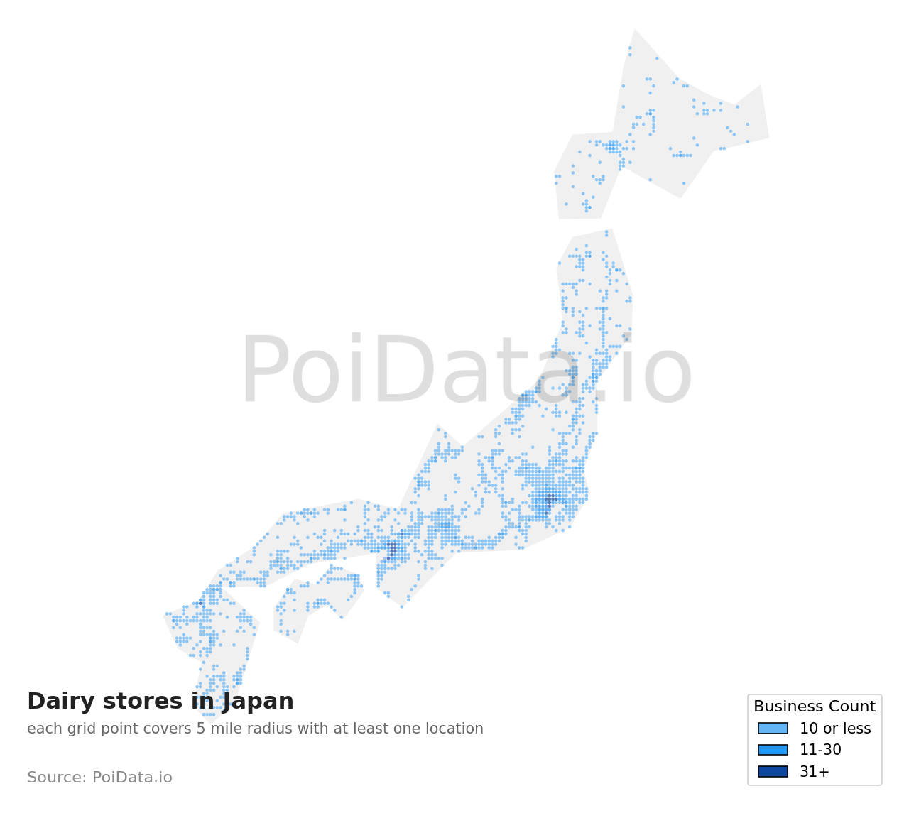 Dairy store density map for Awa District, Chiba, Japan