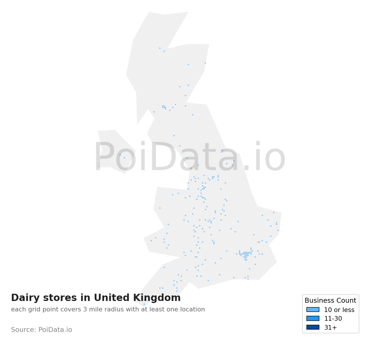 Dairy store density map for United Kingdom