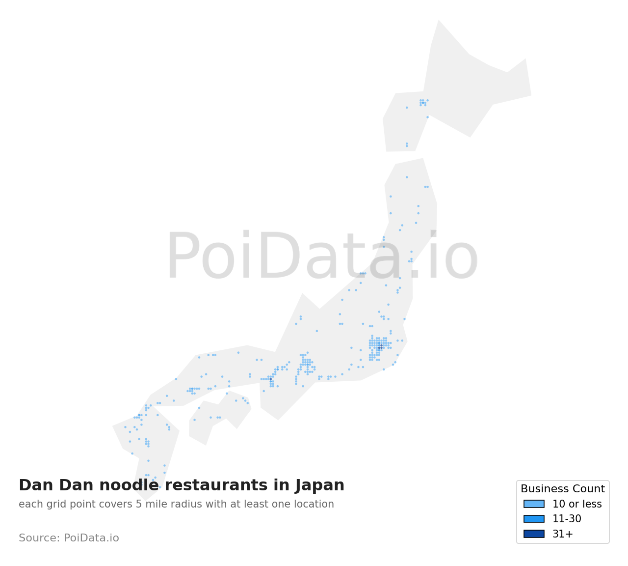 Dan Dan noodle restaurant density map for Japan