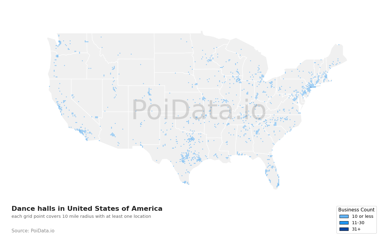 Dance hall density map for California, United States
