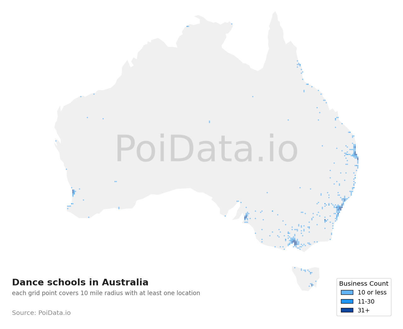 Dance school density map for Australia