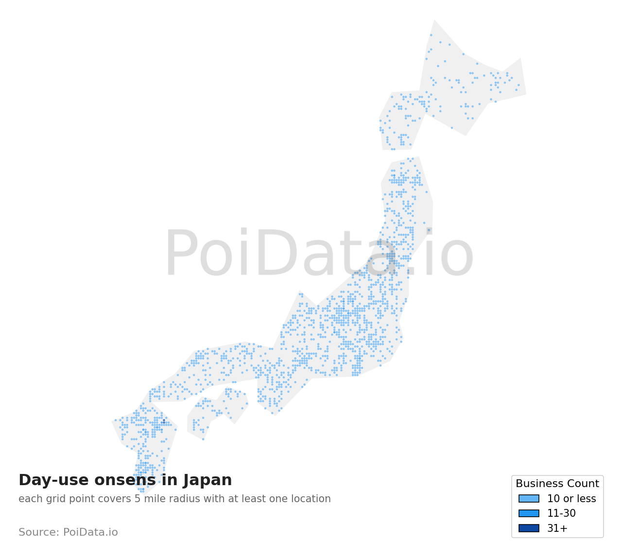 Day-use onsen density map for Japan