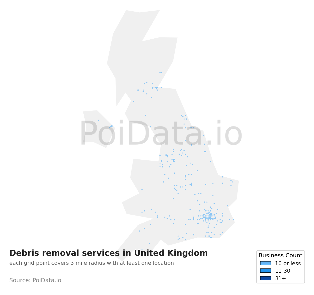 Debris removal service density map for United Kingdom