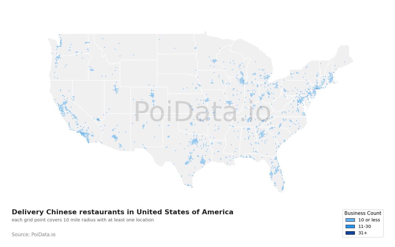 Delivery Chinese restaurant density map for California, United States