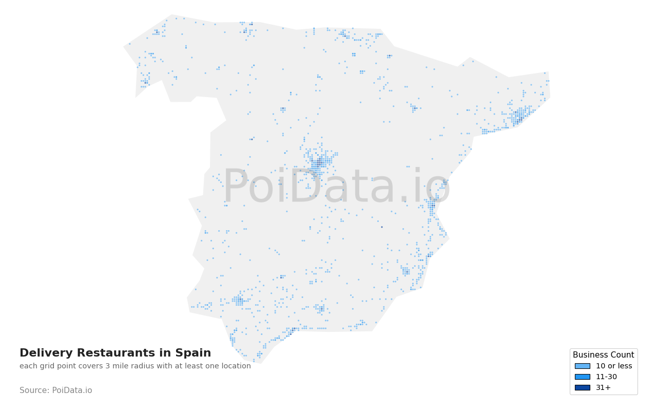 Delivery Restaurant density map for Spain