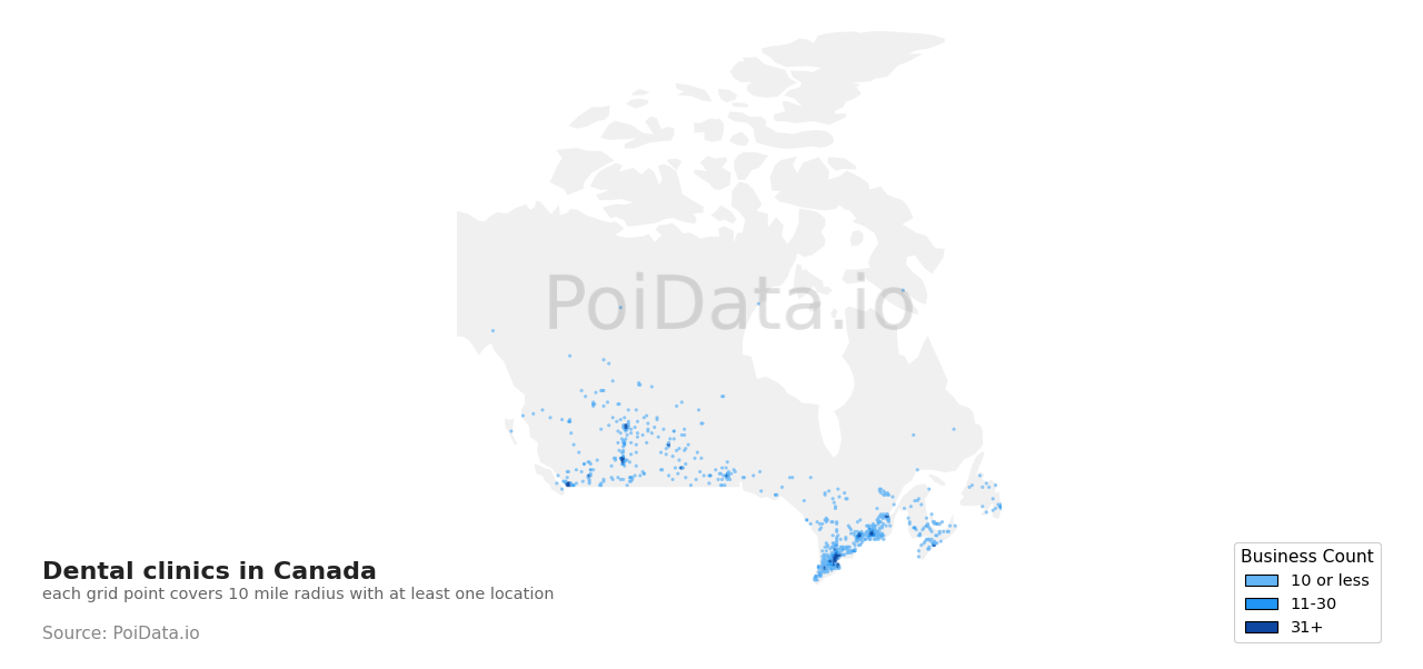 Dental clinic density map for Canada