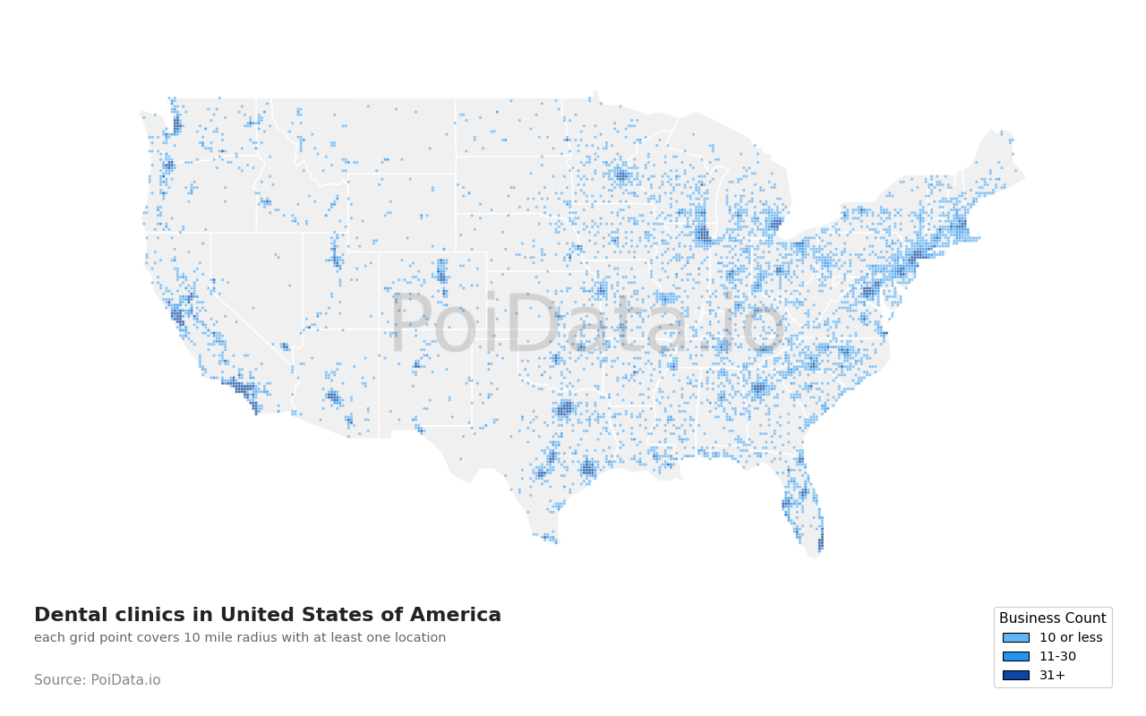 Dental clinic density map for Florida, United States
