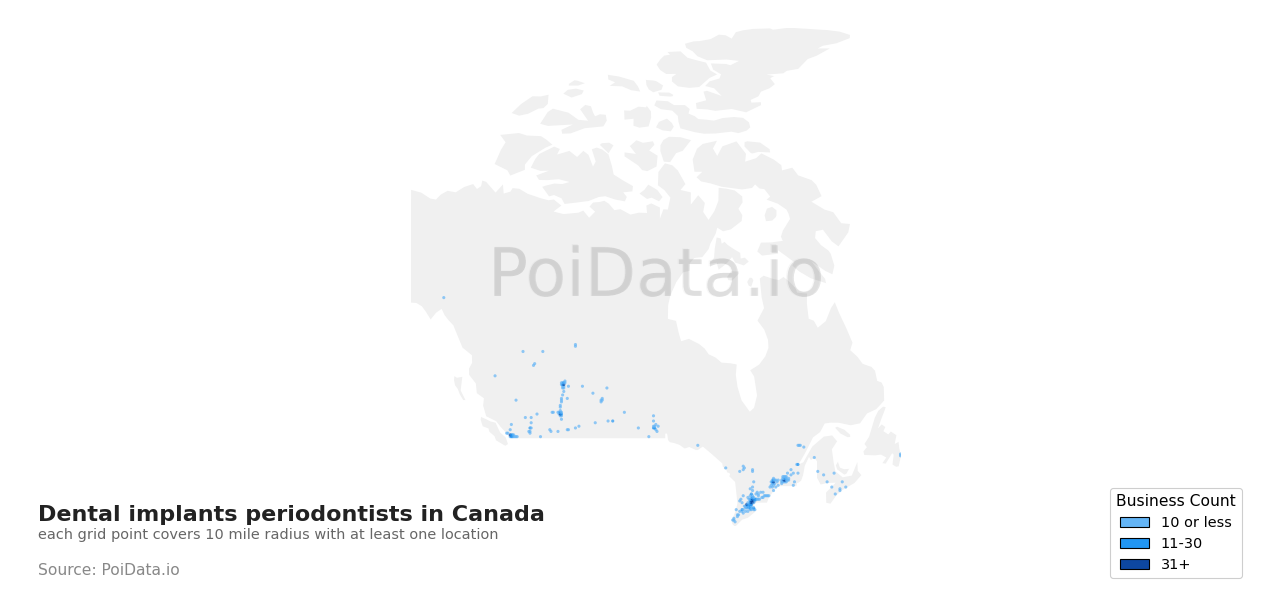 Dental implants periodontist density map for British Columbia, Canada