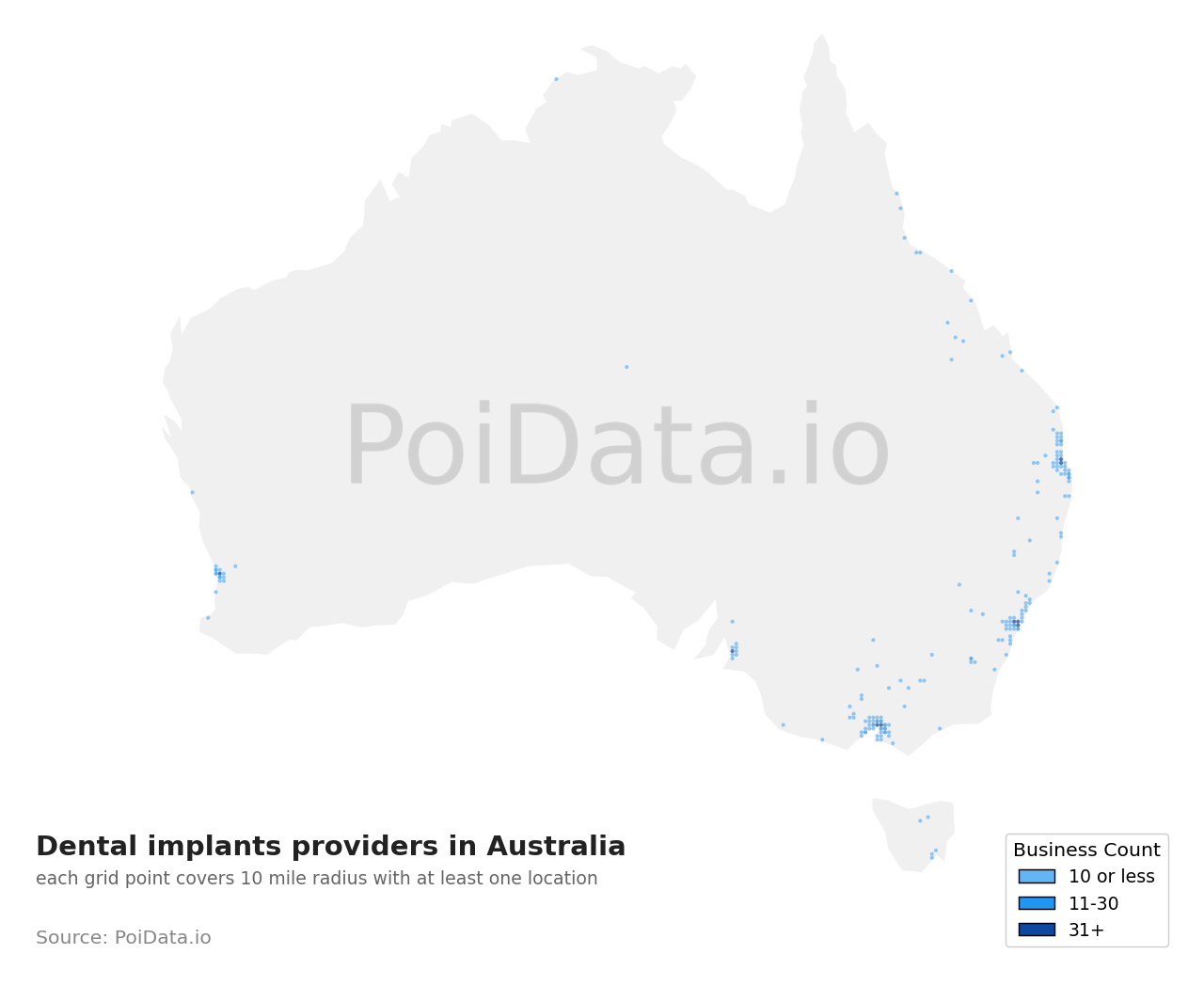 Dental implants provider density map for Australia