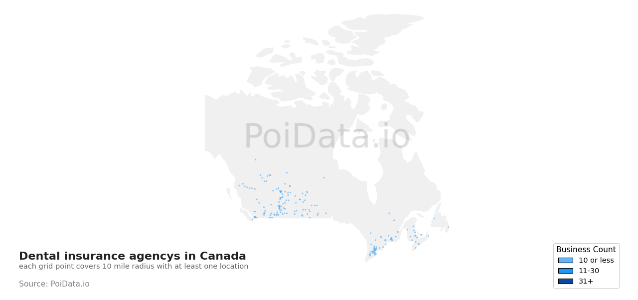 Dental insurance agency density map for New Brunswick, Canada