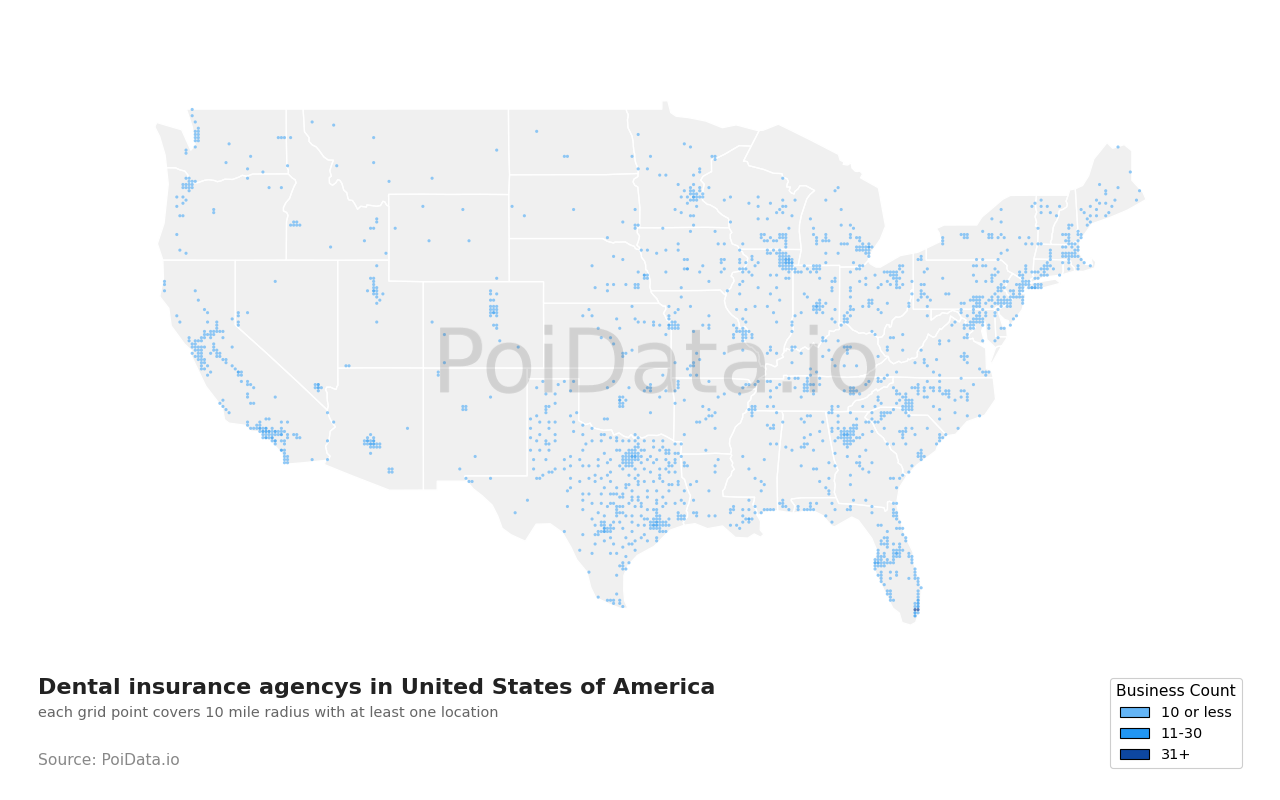 Dental insurance agency density map for United States