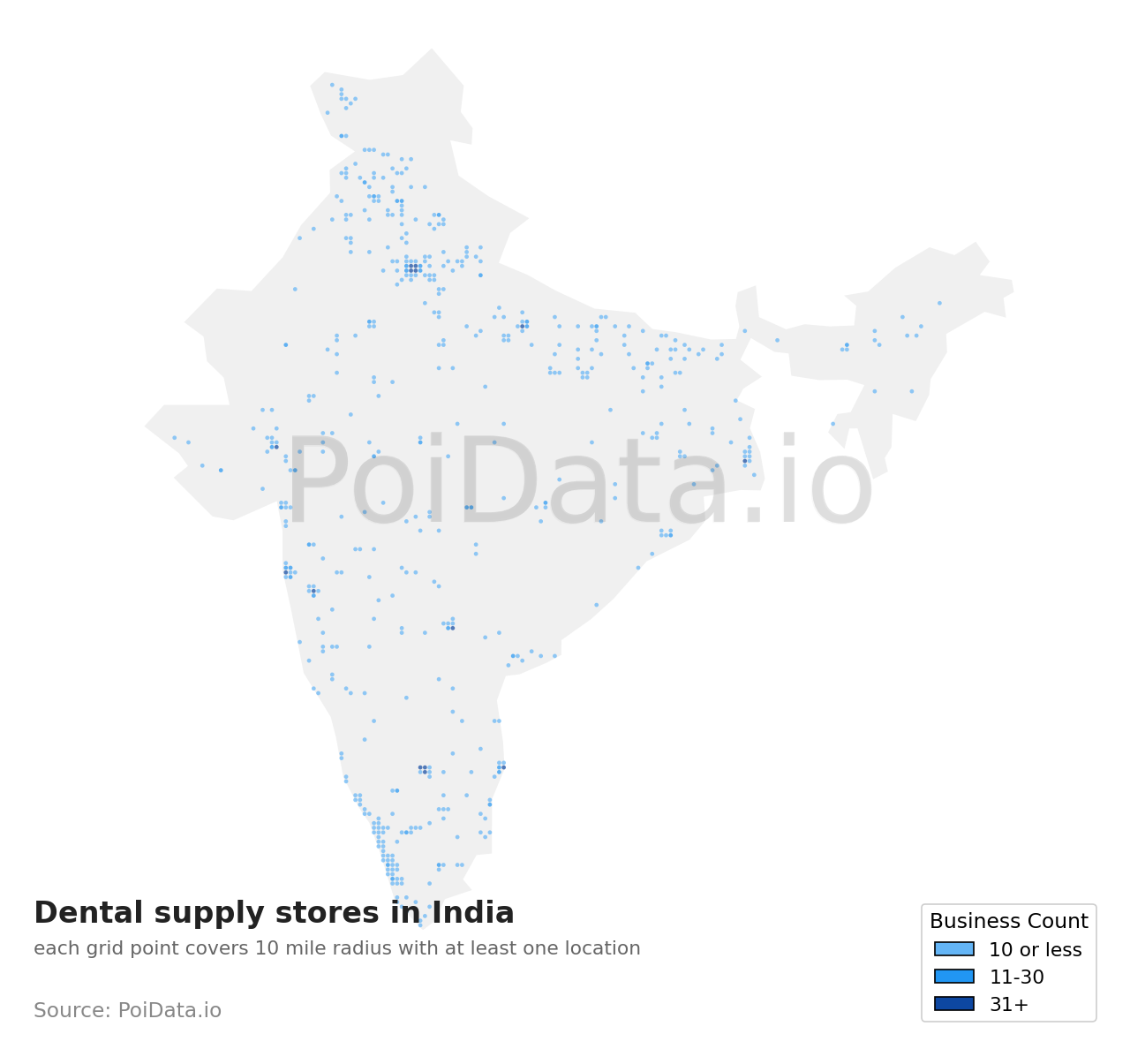 Dental supply store density map for India