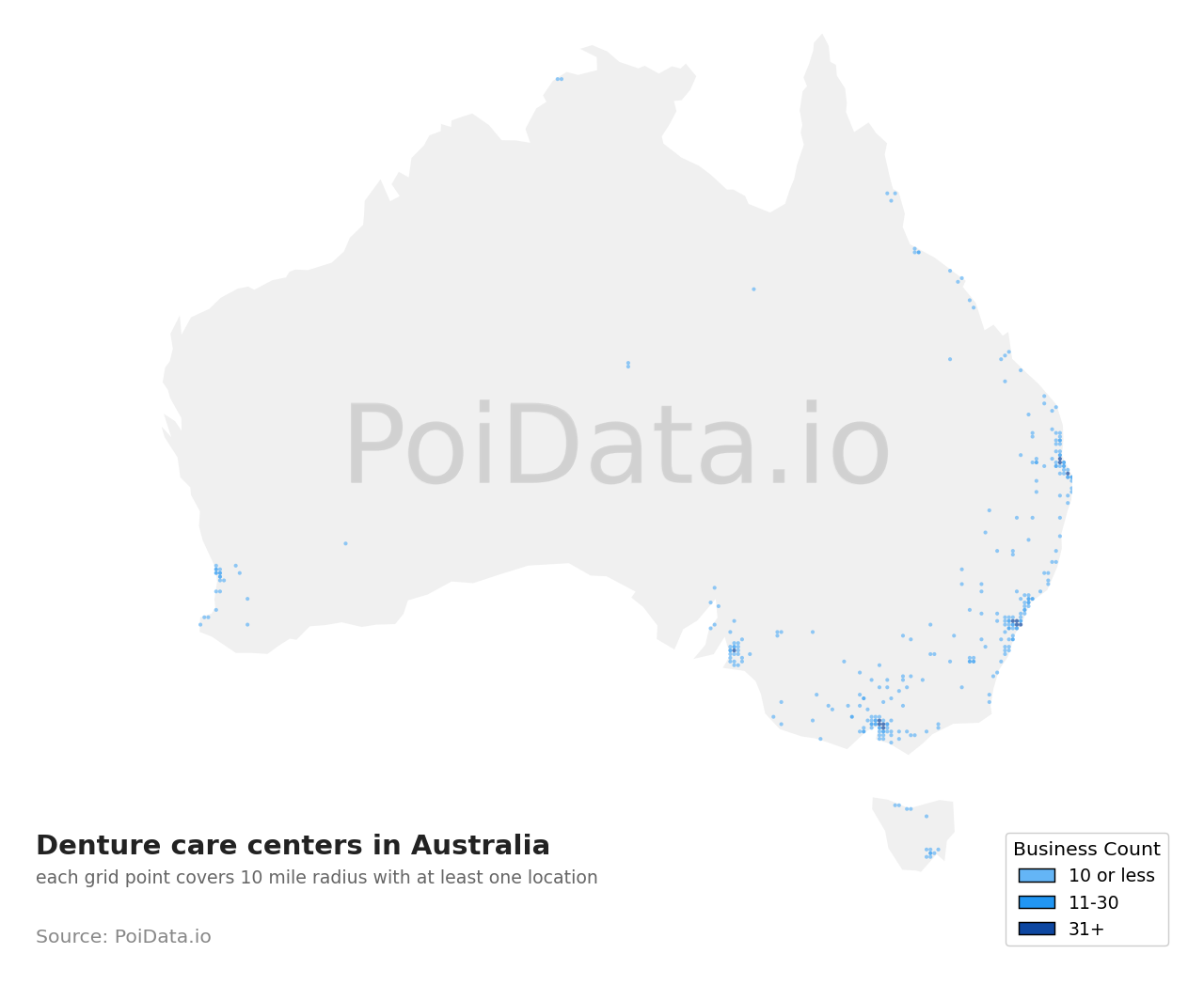 Denture care center density map for TAS, Australia