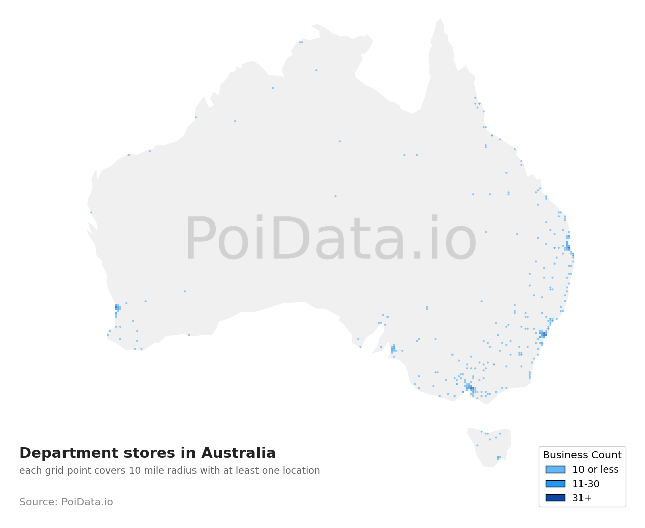 Department store density map for TAS, Australia