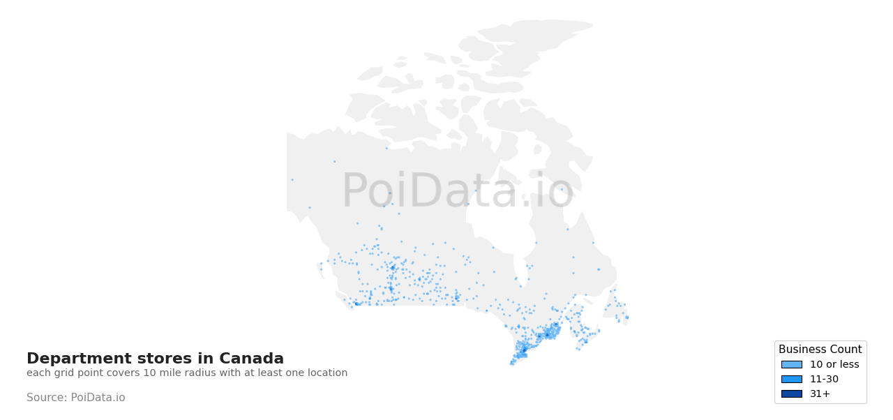 Department store density map for Canada