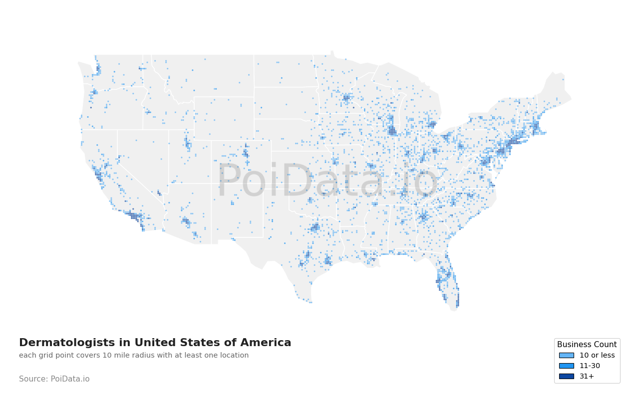 Dermatologist density map for Florida, United States
