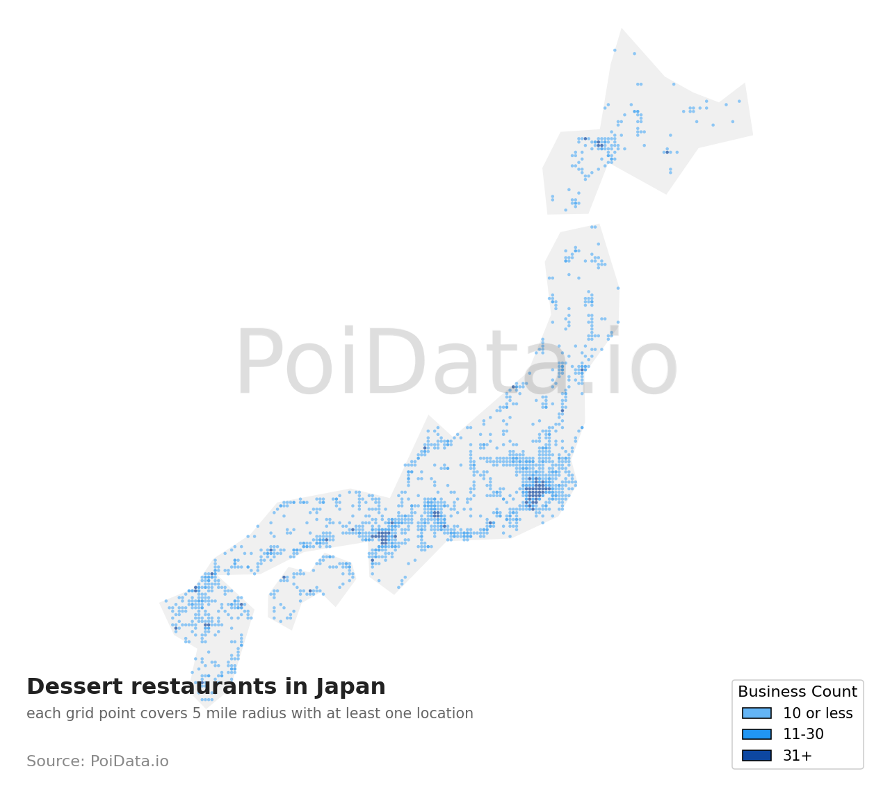 Dessert restaurant density map for Motoyoshi District, Miyagi, Japan