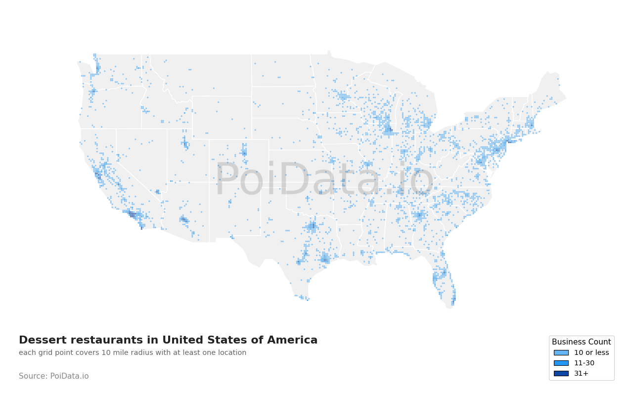Dessert restaurant density map for United States