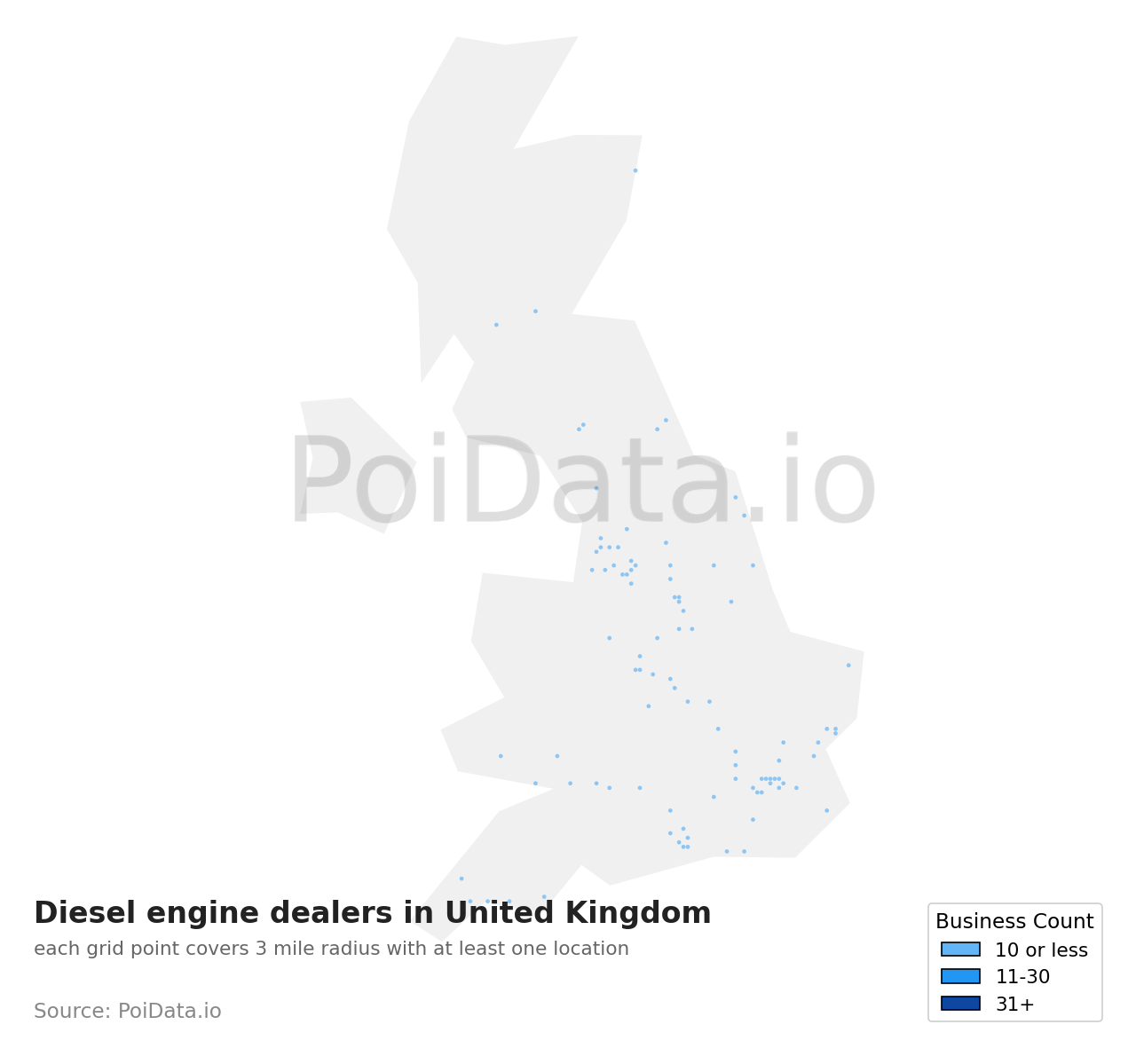 Diesel engine dealer density map for United Kingdom