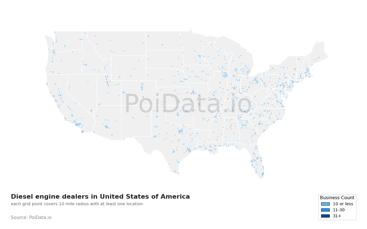 Diesel engine dealer density map for United States