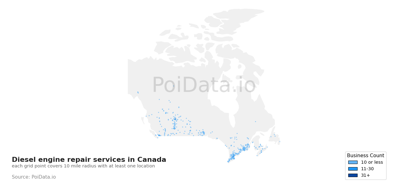 Diesel engine repair service density map for New Brunswick, Canada