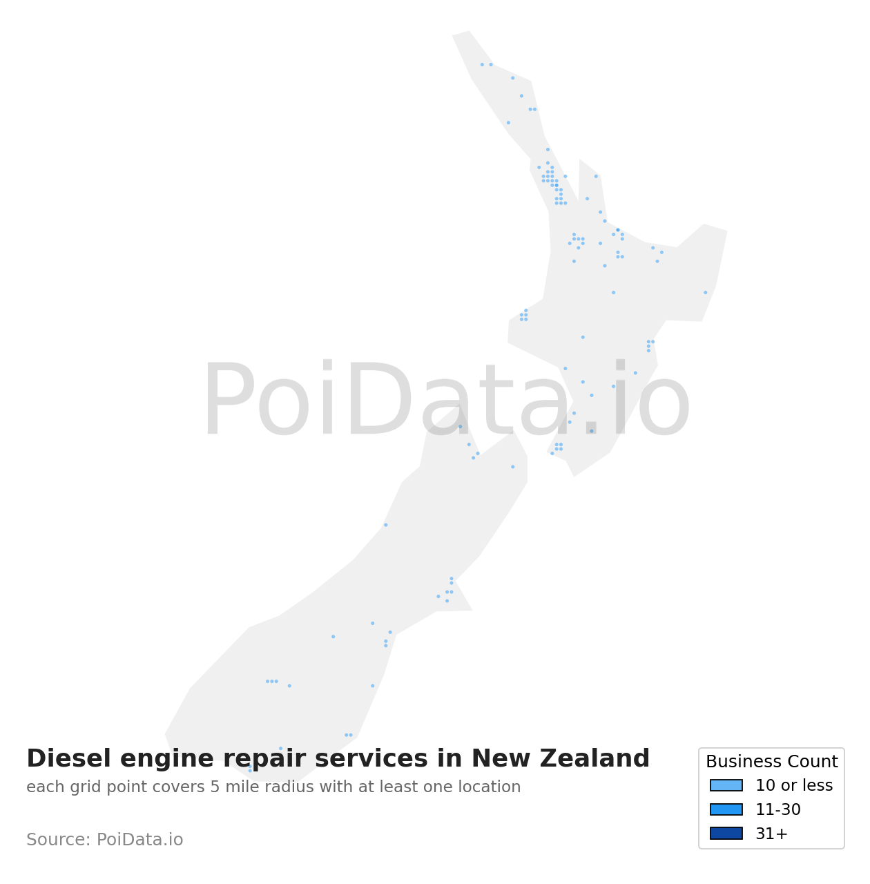 Diesel engine repair service density map for New Zealand