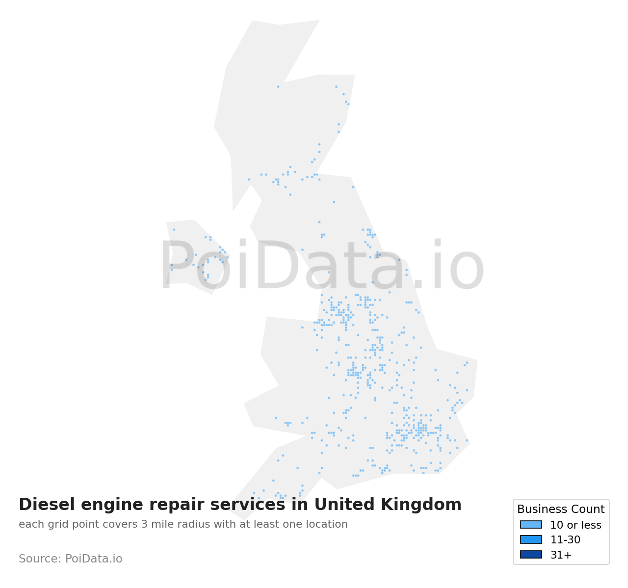 Diesel engine repair service density map for United Kingdom