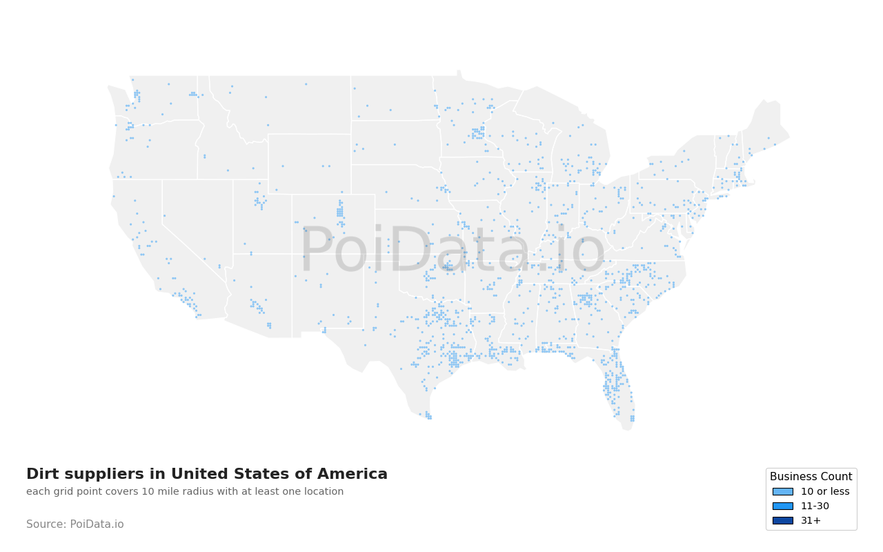Dirt supplier density map for United States