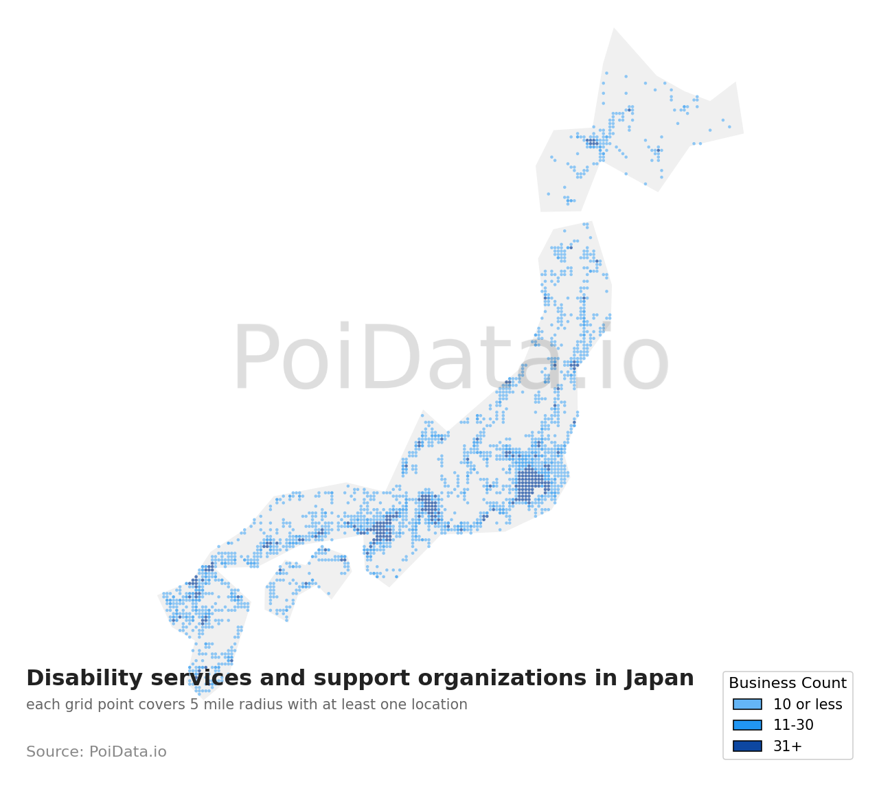 Disability services and support organization density map for Japan