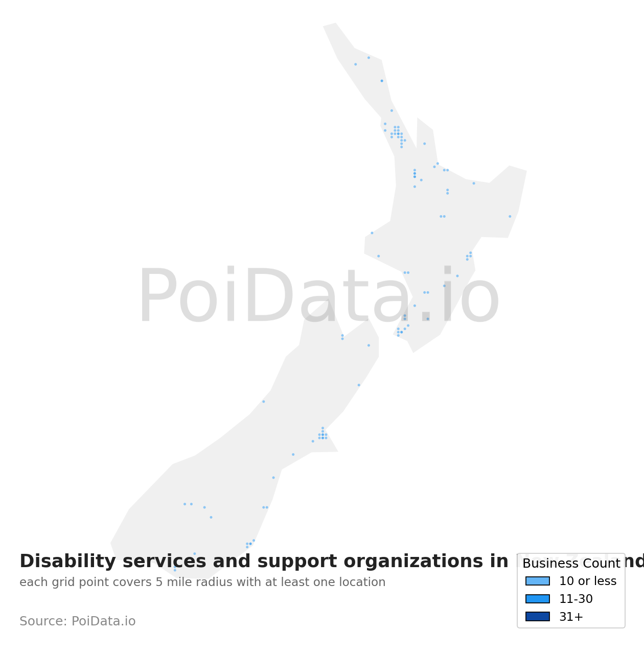Disability services and support organization density map for New Zealand