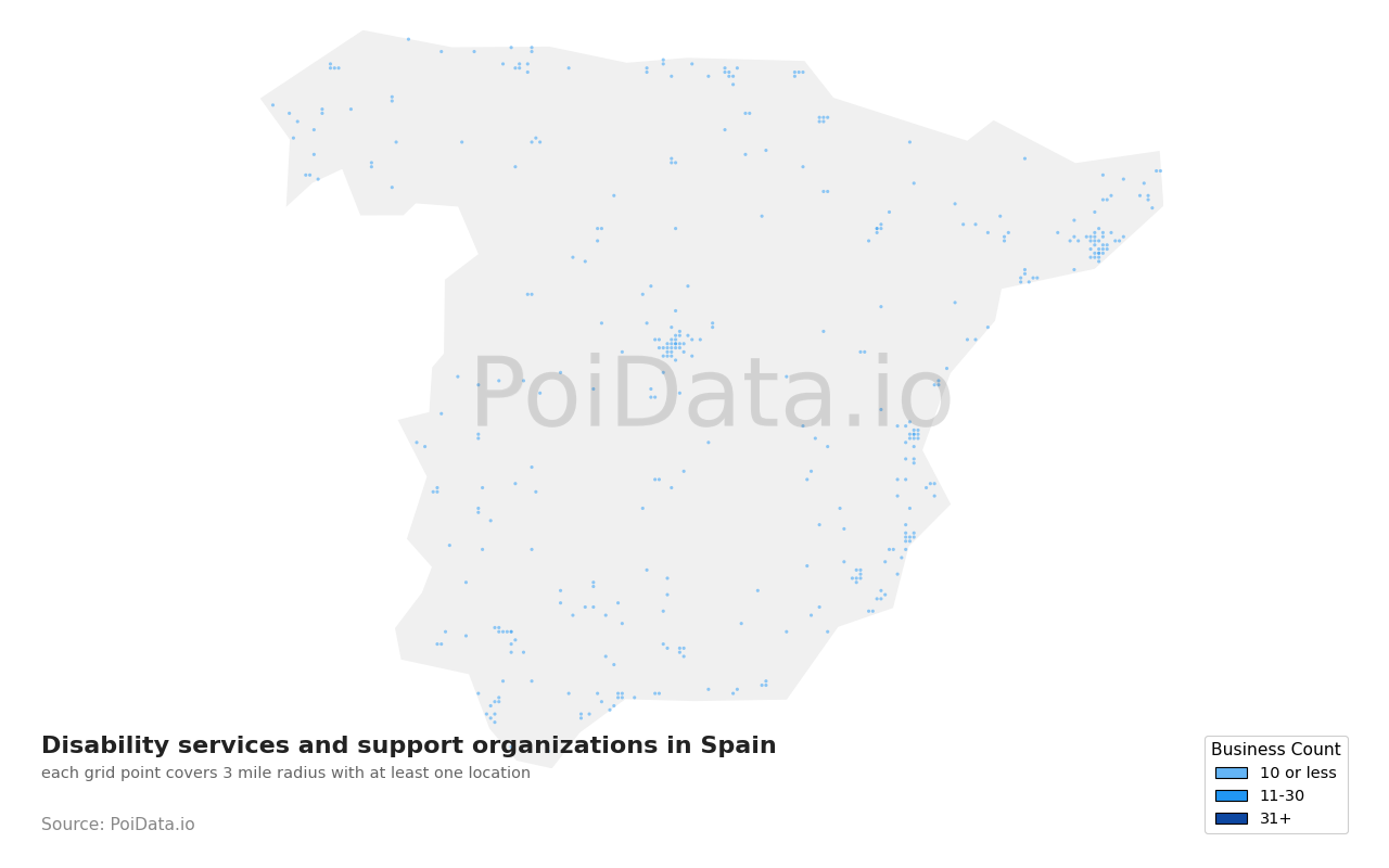 Disability services and support organization density map for Spain
