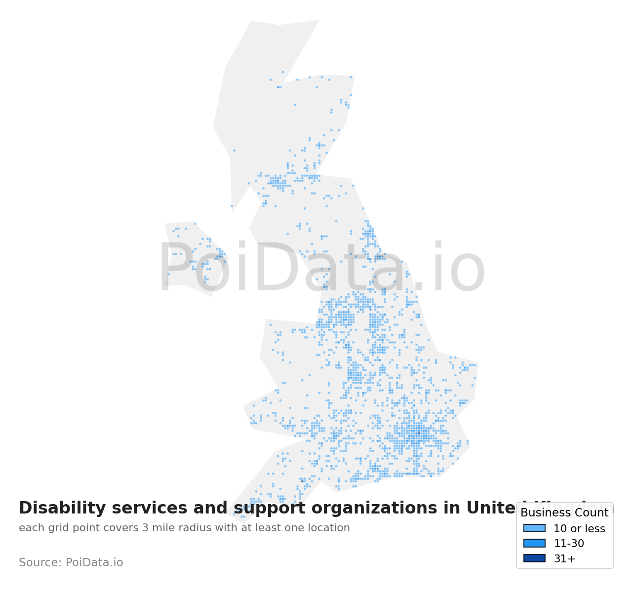 Disability services and support organization density map for United Kingdom
