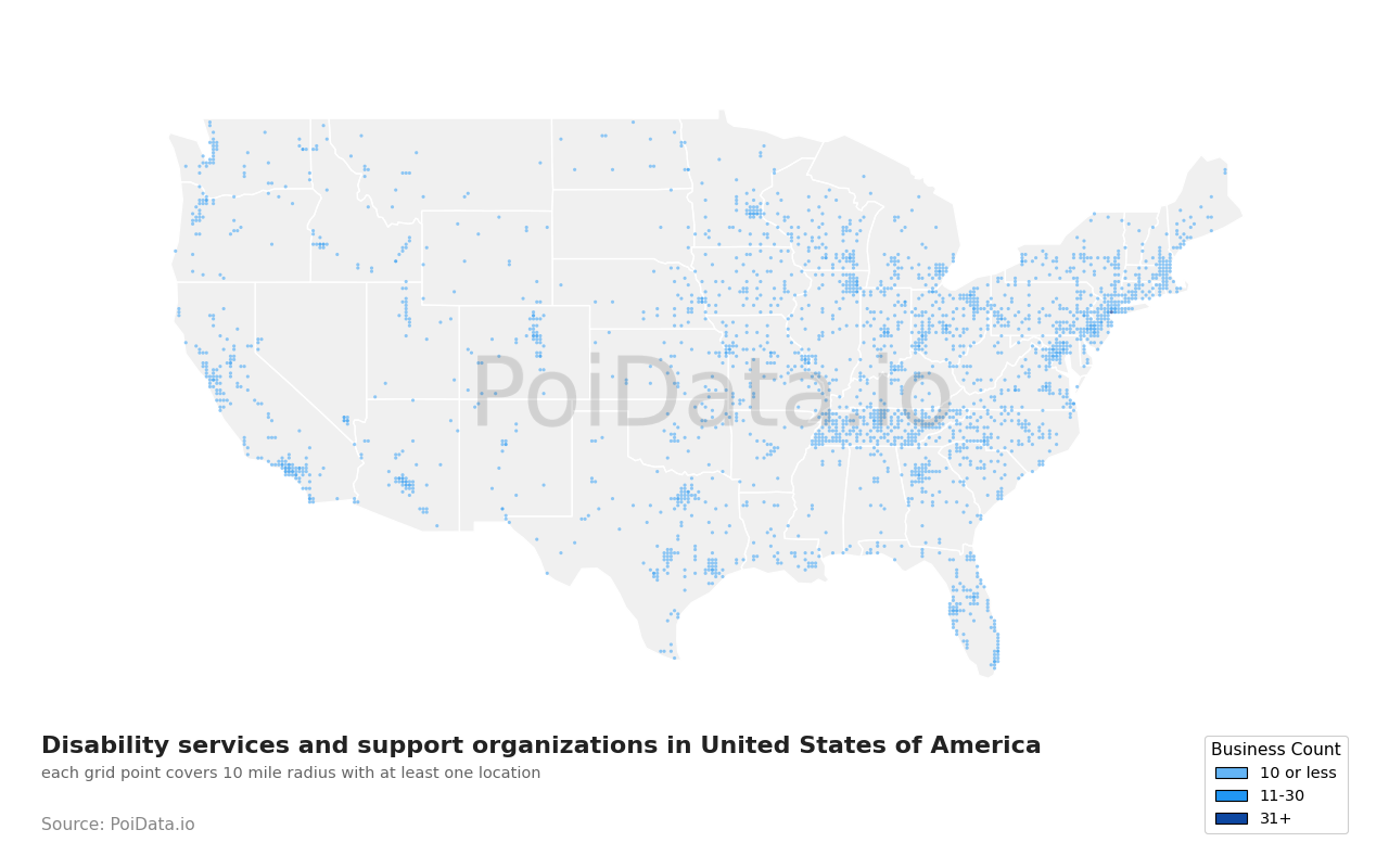 Disability services and support organization density map for United States