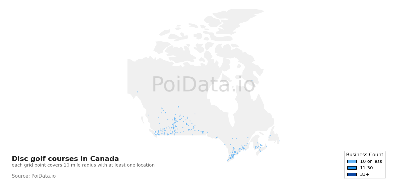 Disc golf course density map for Saskatchewan, Canada