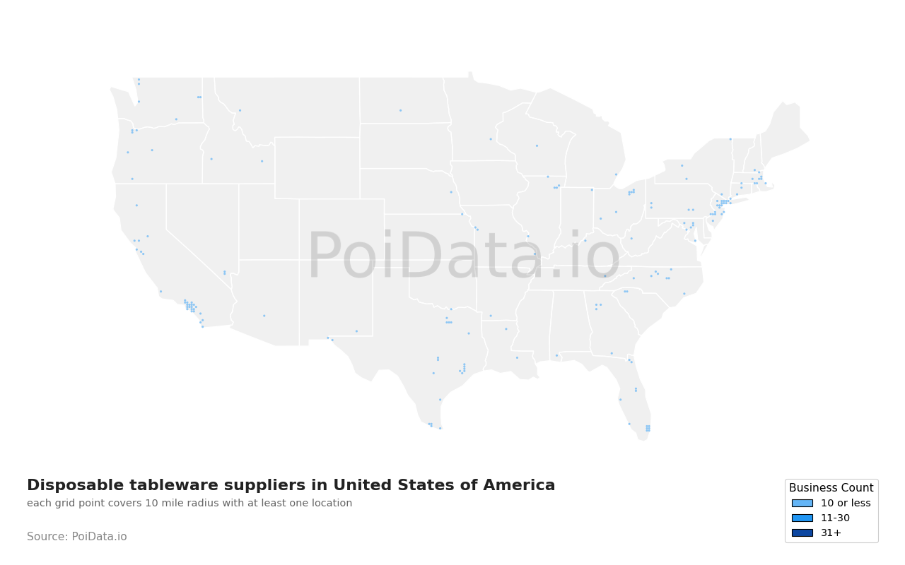 Disposable tableware supplier density map for United States